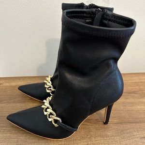 Black Faux Leather Booties w/ Gold Metal Chain Size 38